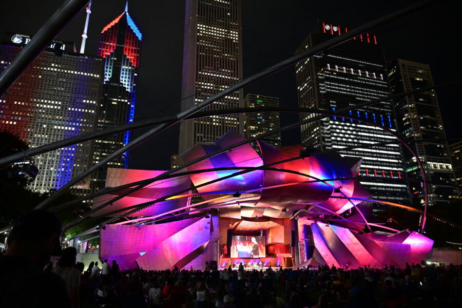 Chicago Jazz Festival stage lit up at night