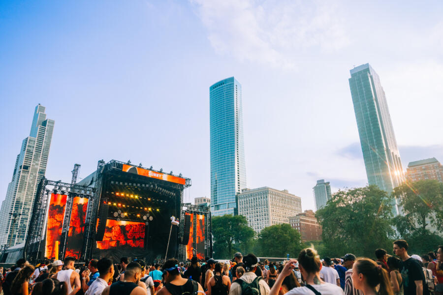 A crowd near a main stage at Lollapalooza